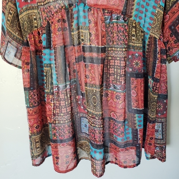 Rokoko Women's Large Patchwork Chiffon Short Sleeve Blouse V-neck Red Blue Top - Picture 4 of 7